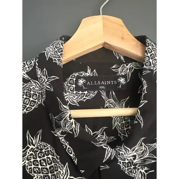 AllSaints Pineapple Short Sleeve Button Front Tailored Shirt Black White Sz XXL - Picture 5 of 11